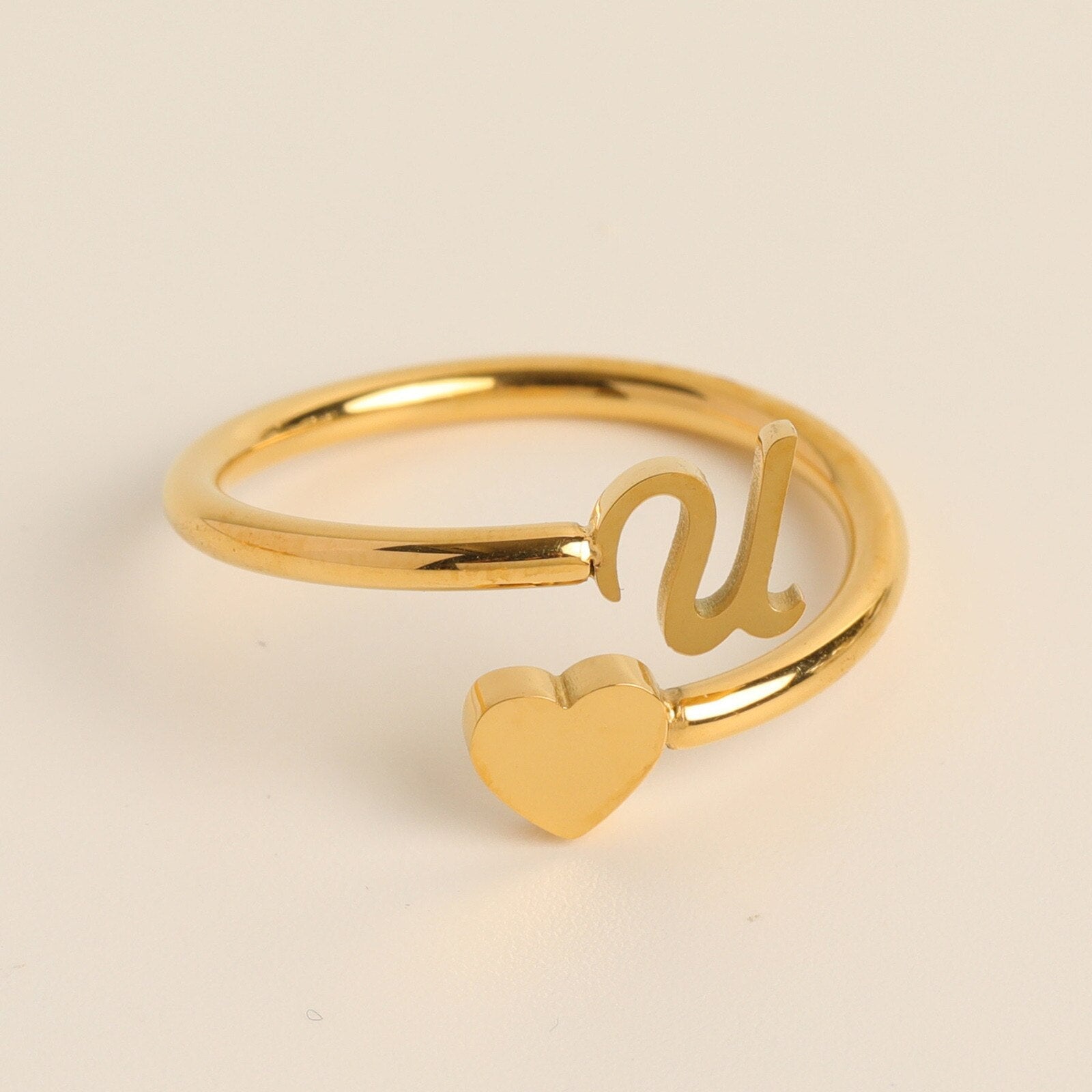 Gold Adjustable Heart & Personalized Initial Ring for Women | Paula U One size