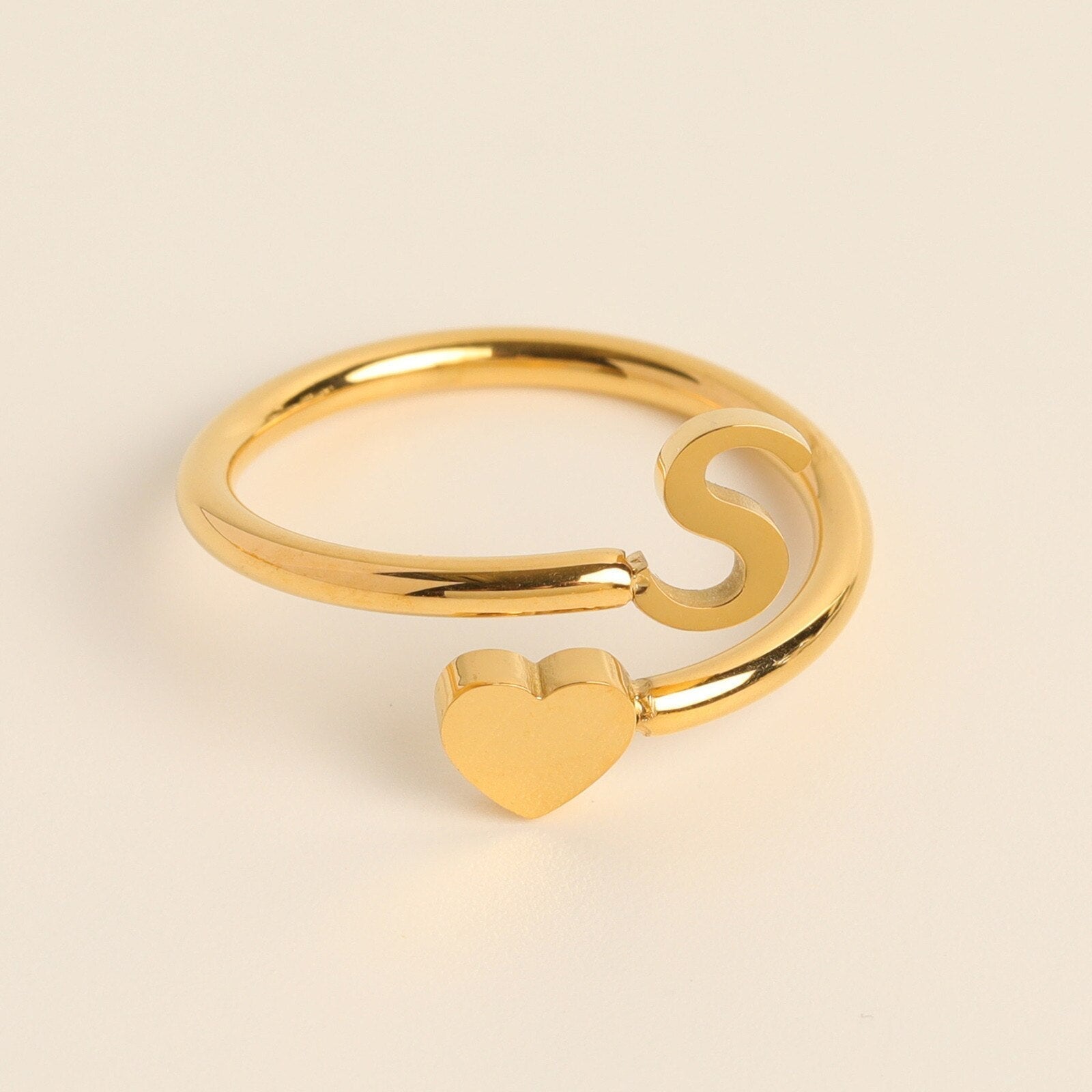 Gold Adjustable Heart & Personalized Initial Ring for Women | Paula S One size