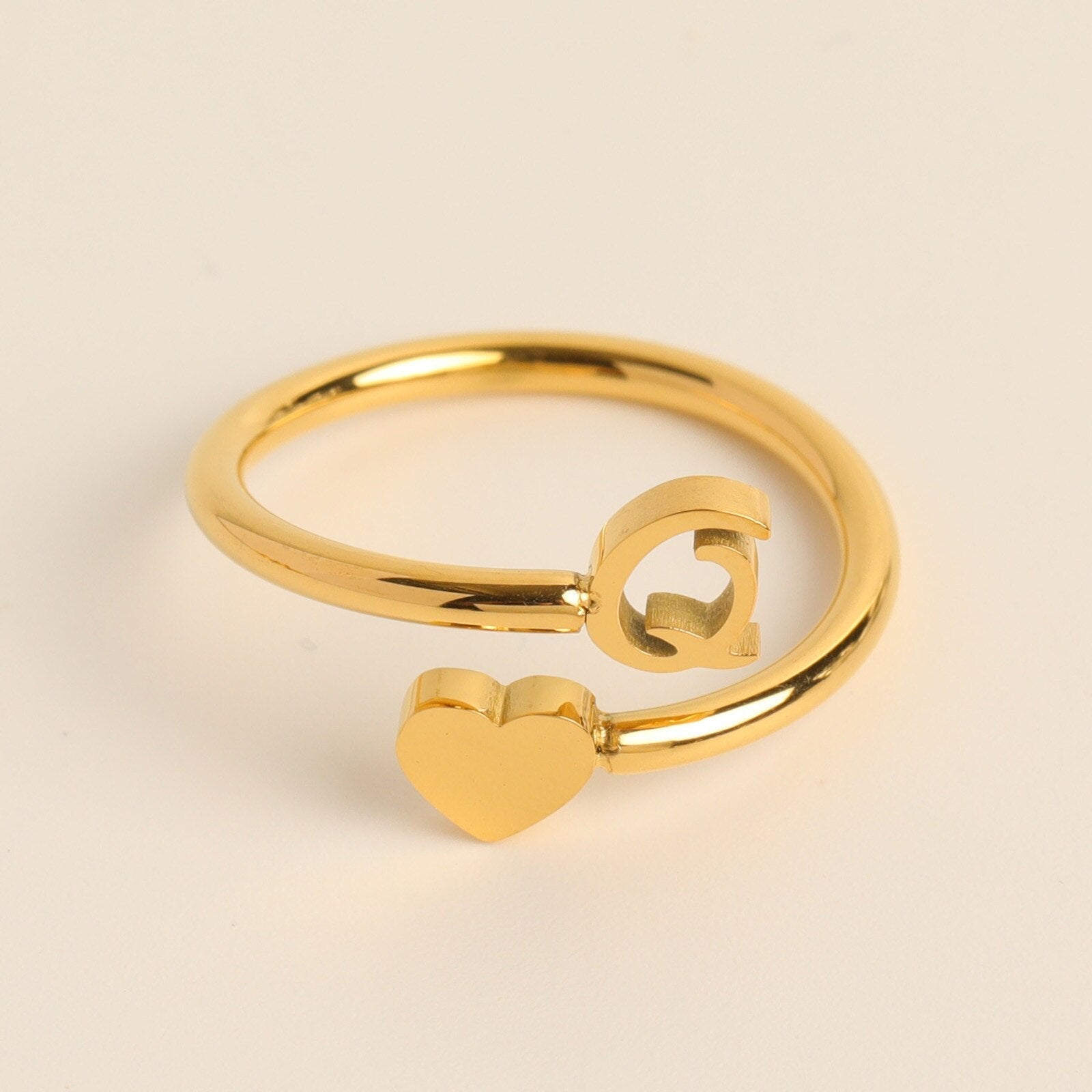 Gold Adjustable Heart & Personalized Initial Ring for Women | Paula Q One size