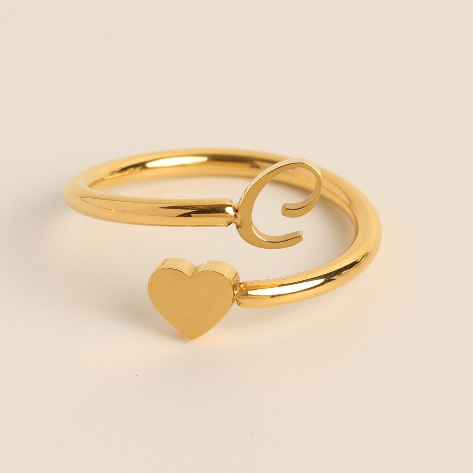 Gold Adjustable Heart & Personalized Initial Ring for Women | Paula C One size