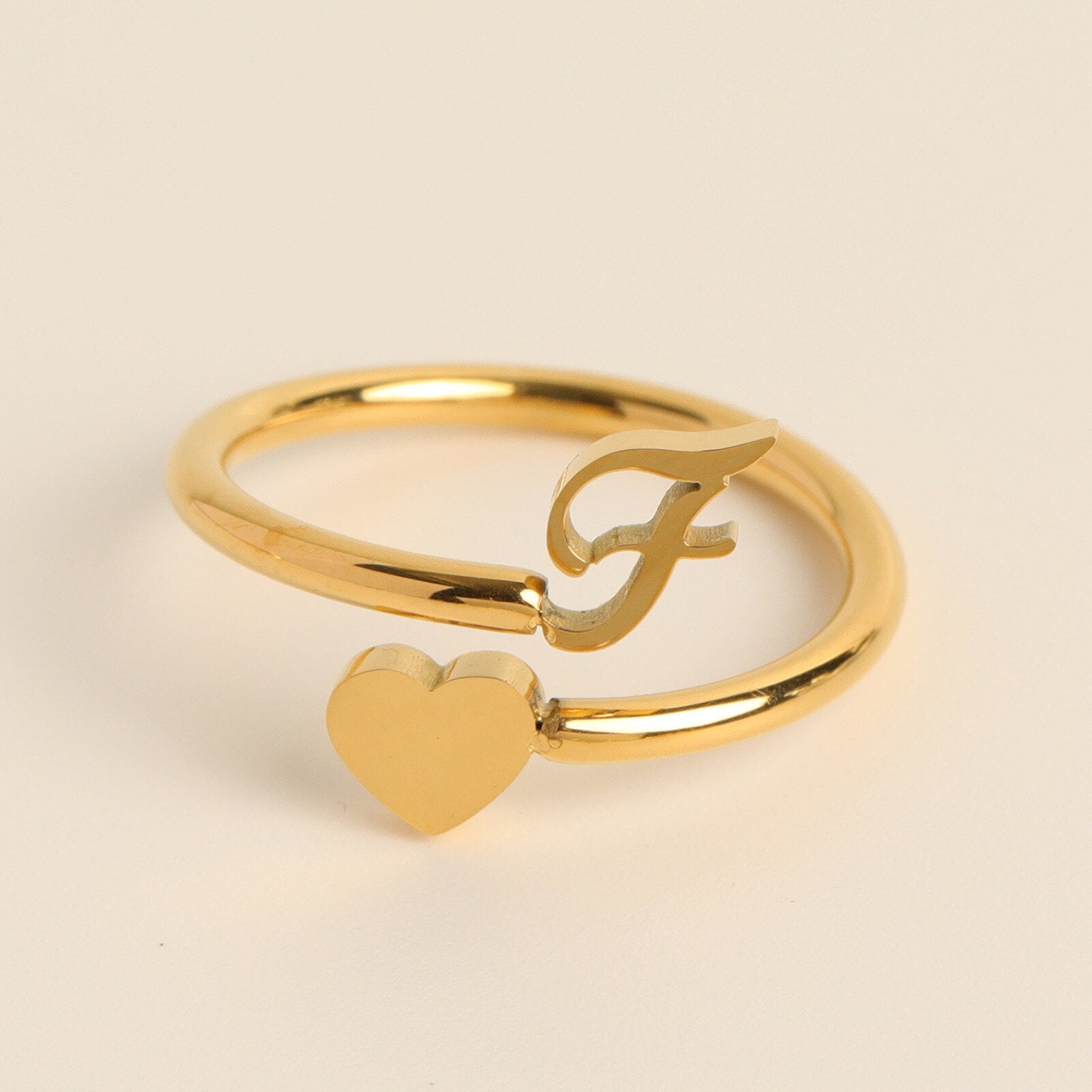 Gold Adjustable Heart & Personalized Initial Ring for Women | Paula F One size