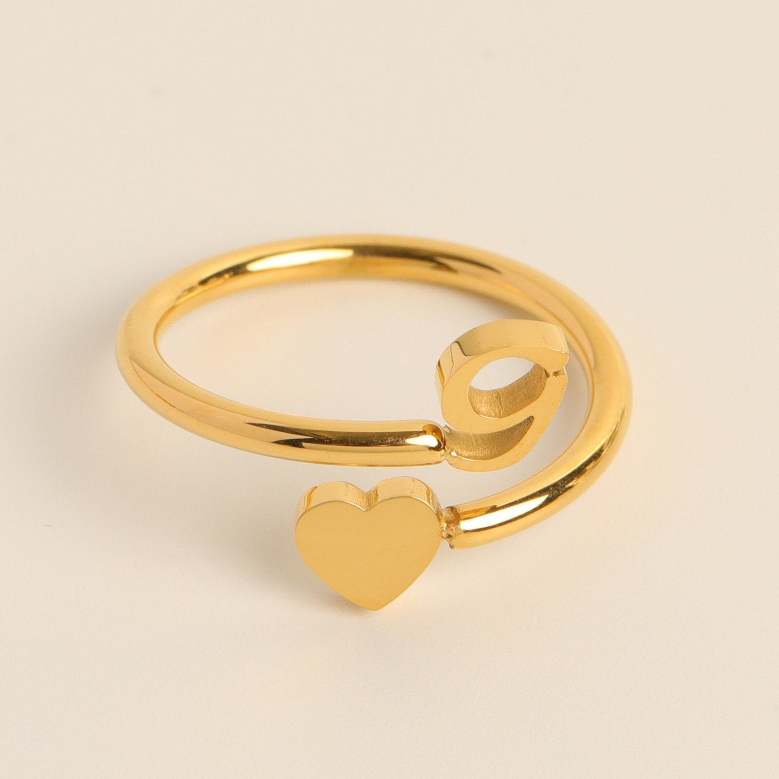 Gold Adjustable Heart & Personalized Initial Ring for Women | Paula G One size