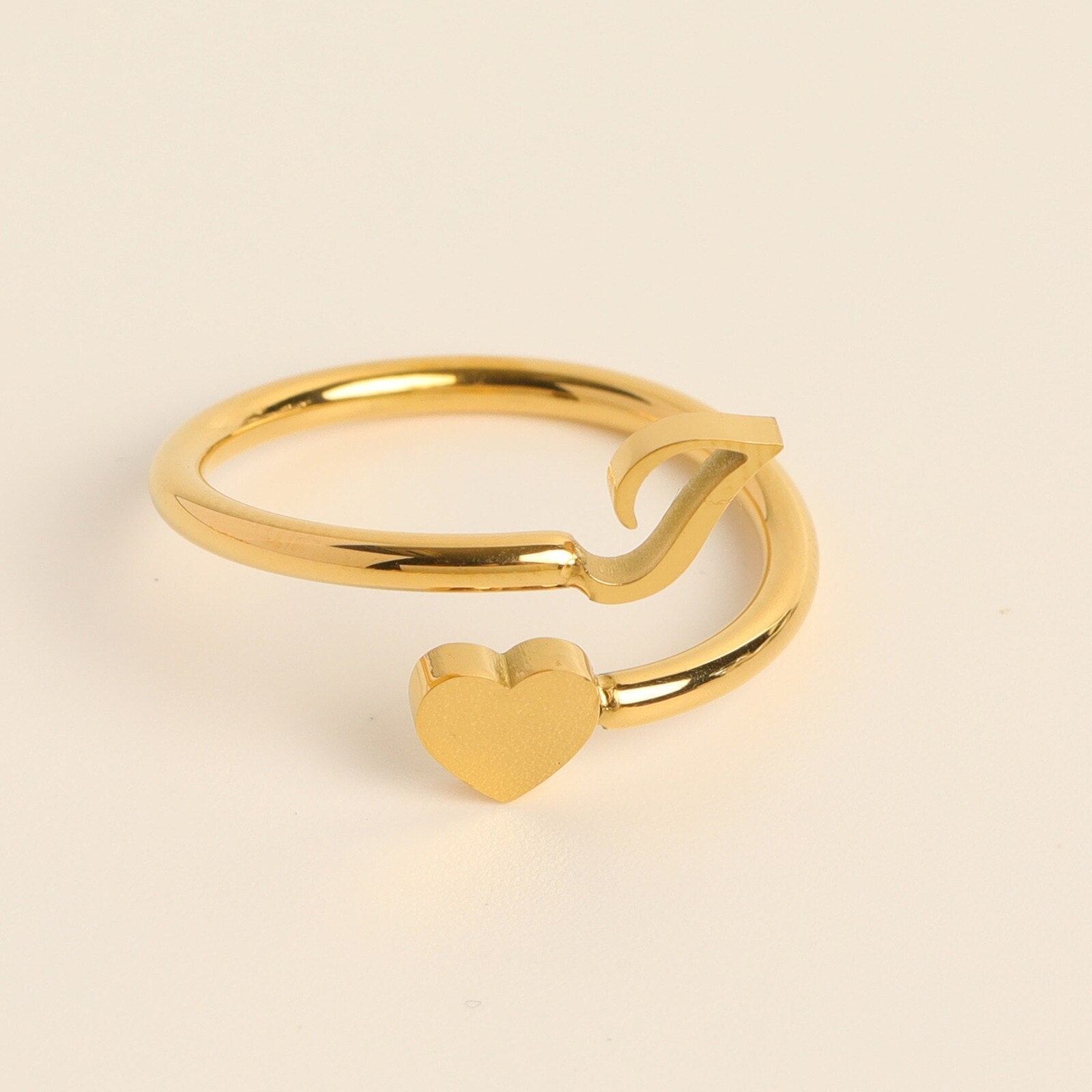 Gold Adjustable Heart & Personalized Initial Ring for Women | Paula I One size