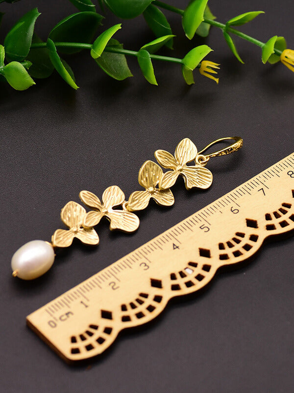 Gold Floral Drop Earrings with Pearl for Women | Fiora