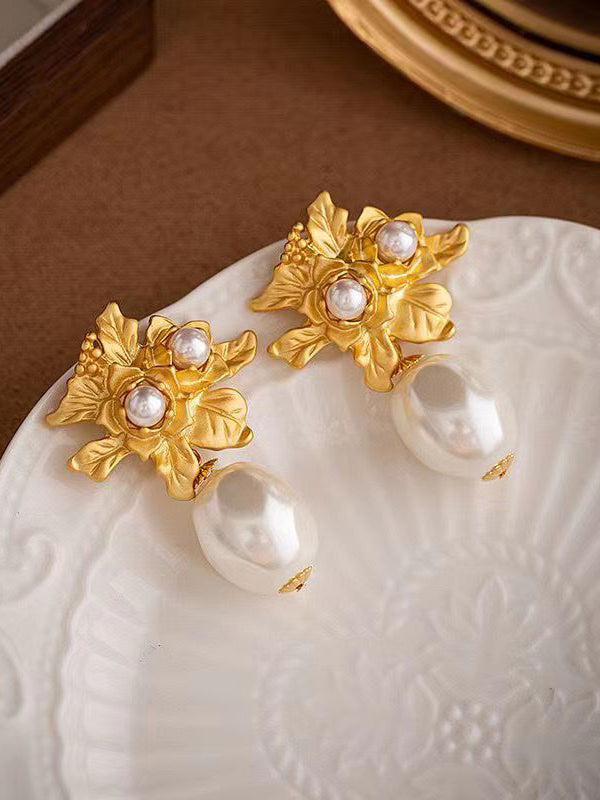 Gold Floral Pearl Drop Earrings for Women | Amanda