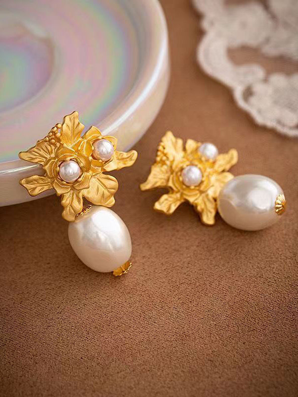Gold Floral Pearl Drop Earrings for Women | Amanda Gold One Size