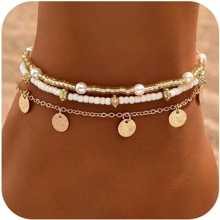 Gold & Pearl Layered Anklet Set for Women | Carmel Gold Tone