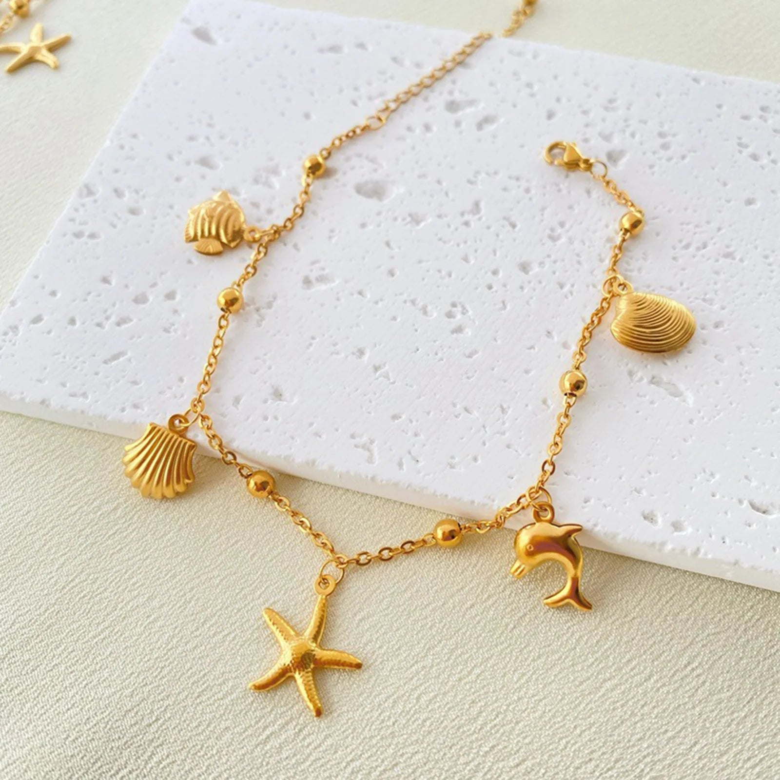 Gold Sea Charm Anklet with Starfish & Shells for Women | Marina 1 One Size
