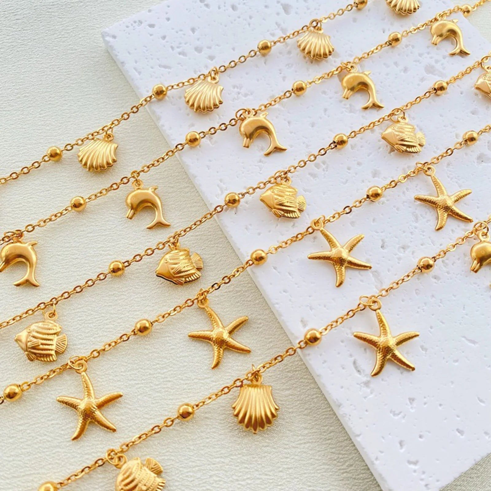 Gold Sea Charm Anklet with Starfish & Shells for Women | Marina