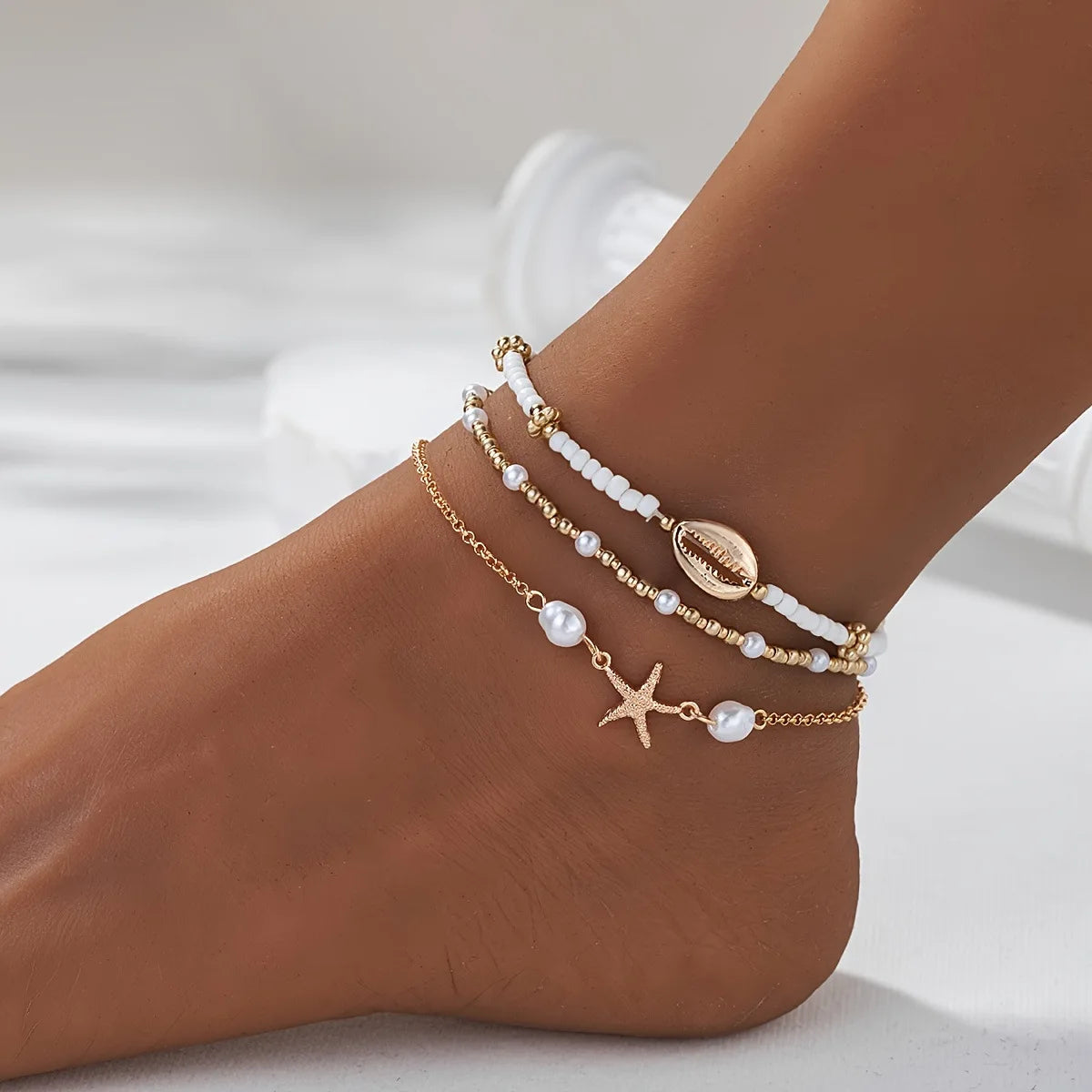 Gold Starfish & Shell Anklet Set for Women | Ella Gold & Silver One Size