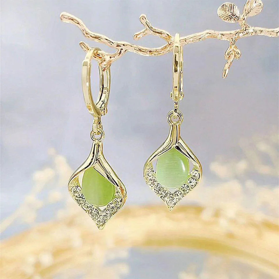 Green Gem Drop Earrings with Crystal Detailing for Women | Jasmine