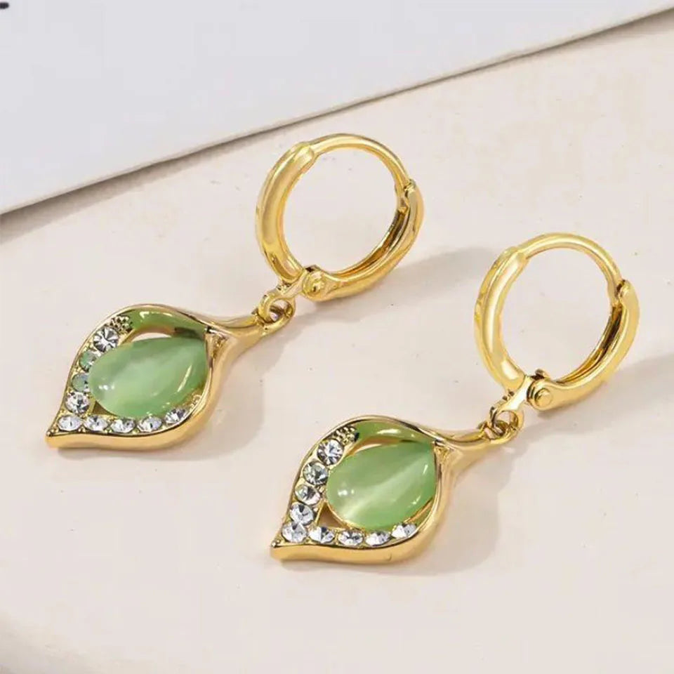 Green Gem Drop Earrings with Crystal Detailing for Women | Jasmine