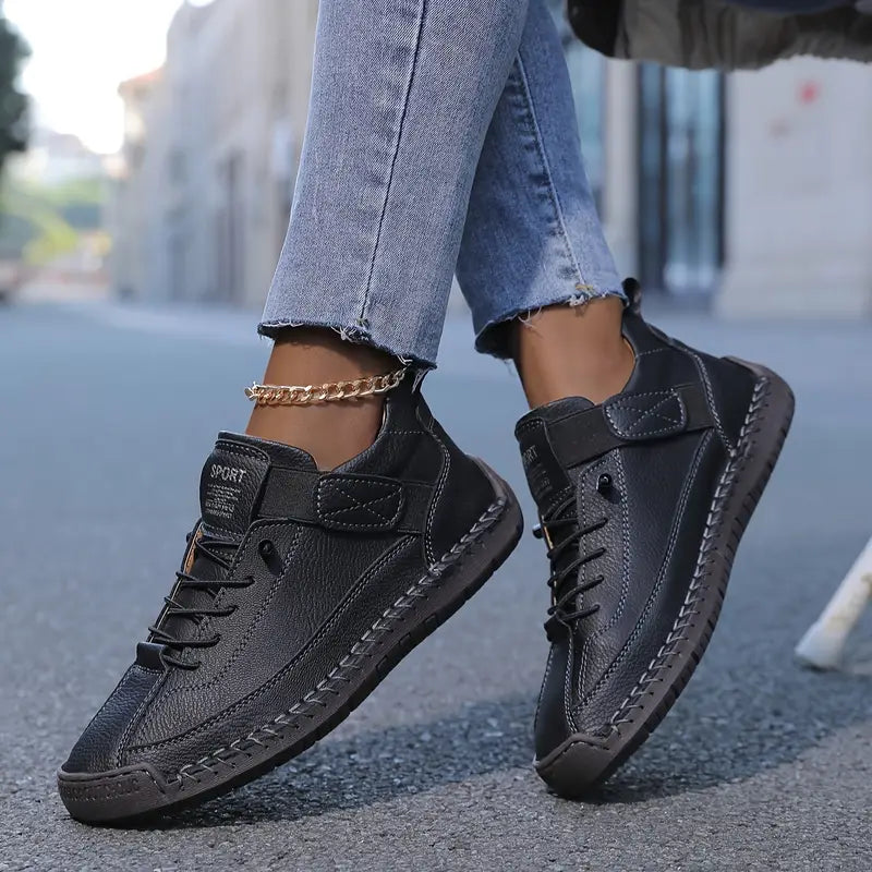 Hand-Stitched Leather Comfort Sneakers for Women | Remi Black 36