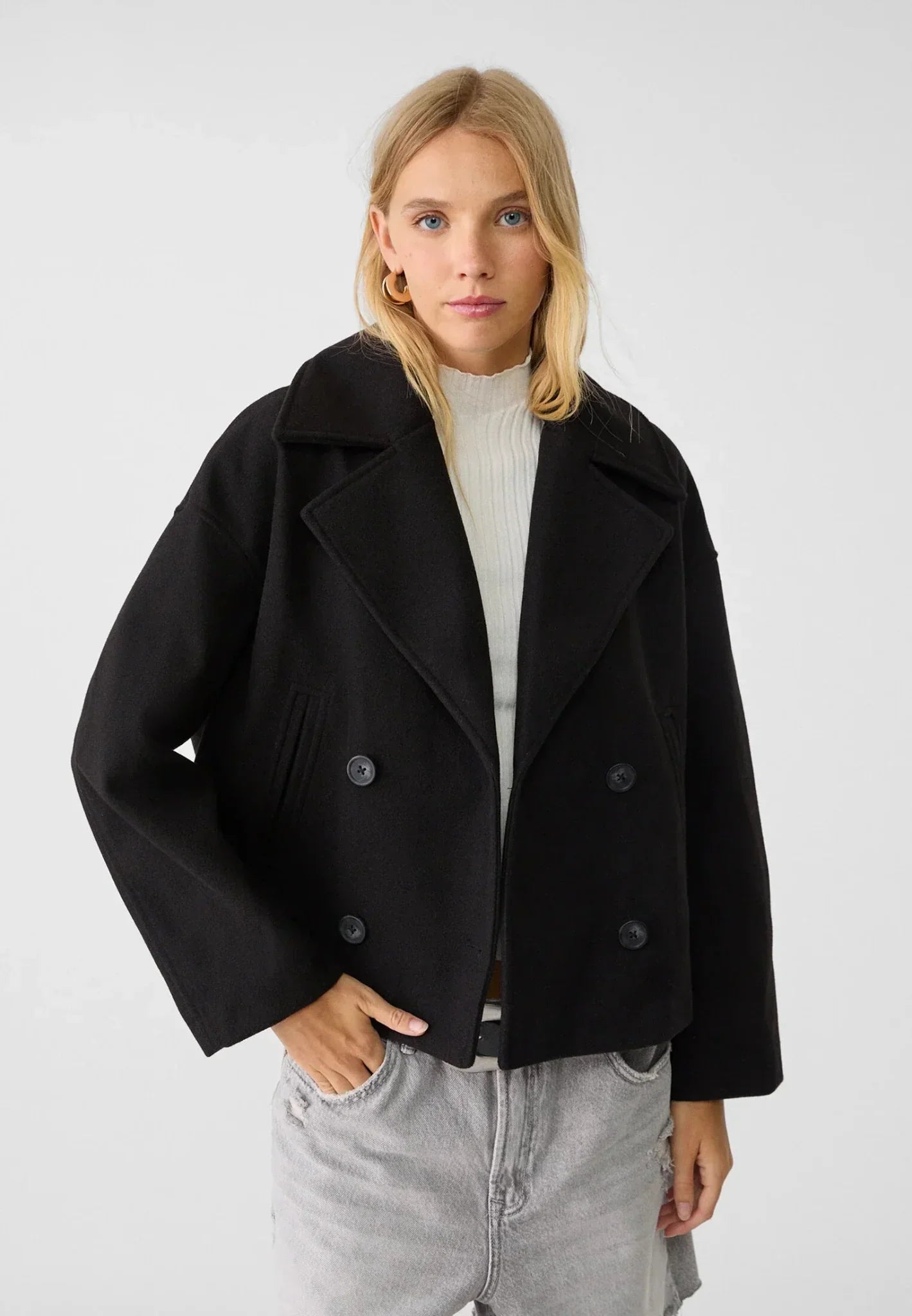 Cropped Double-Breasted Coat Jacket for Women | Elenara Black