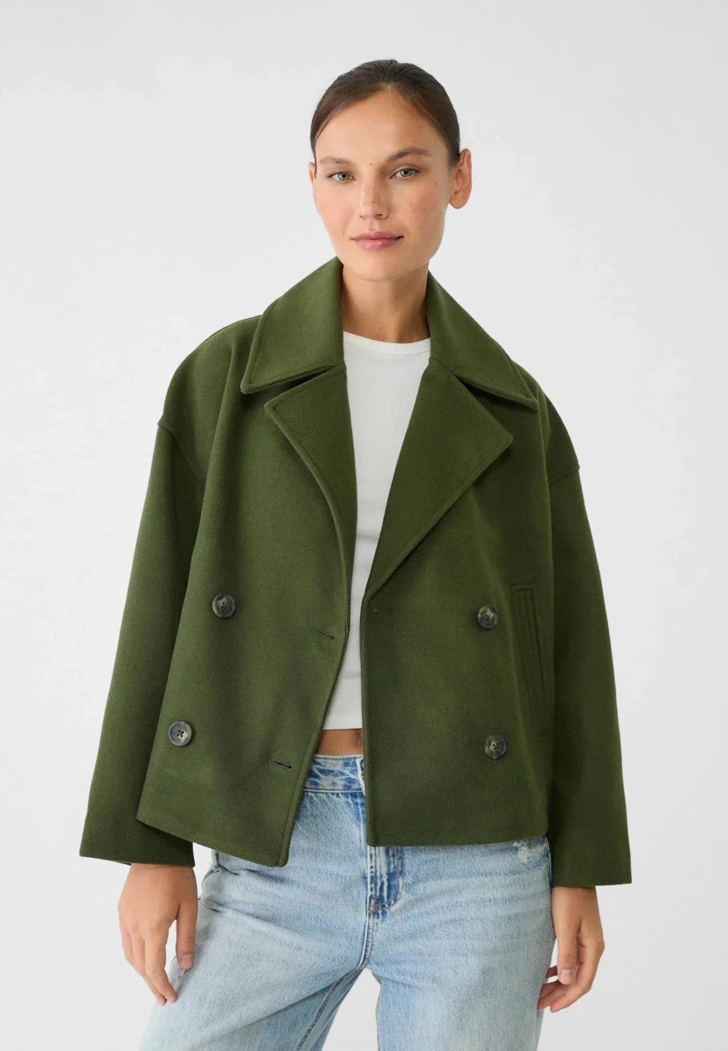 Cropped Double-Breasted Coat Jacket for Women | Elenara Green
