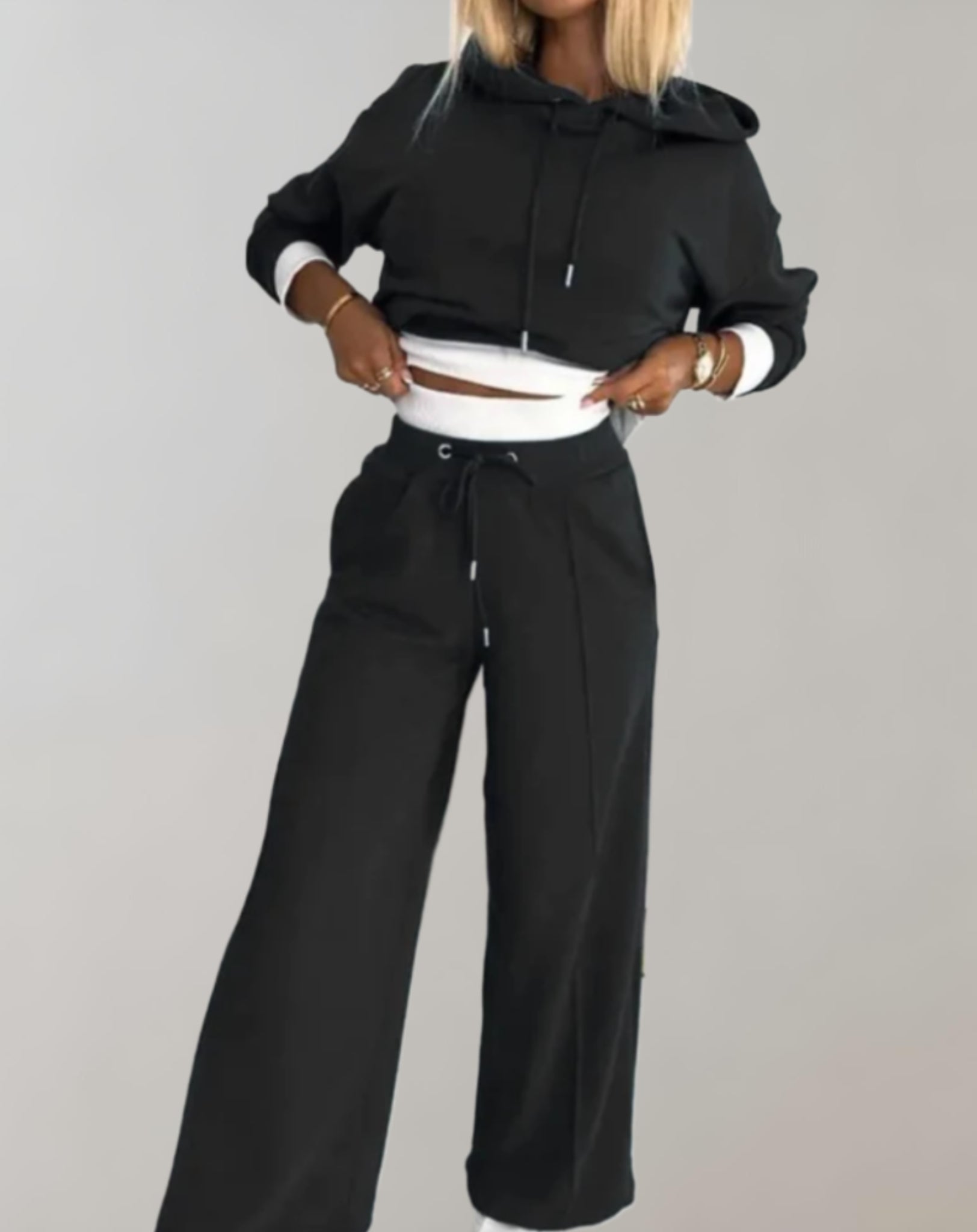 Havina | Hoodie Tracksuit Set with Wide-Leg Trousers Black