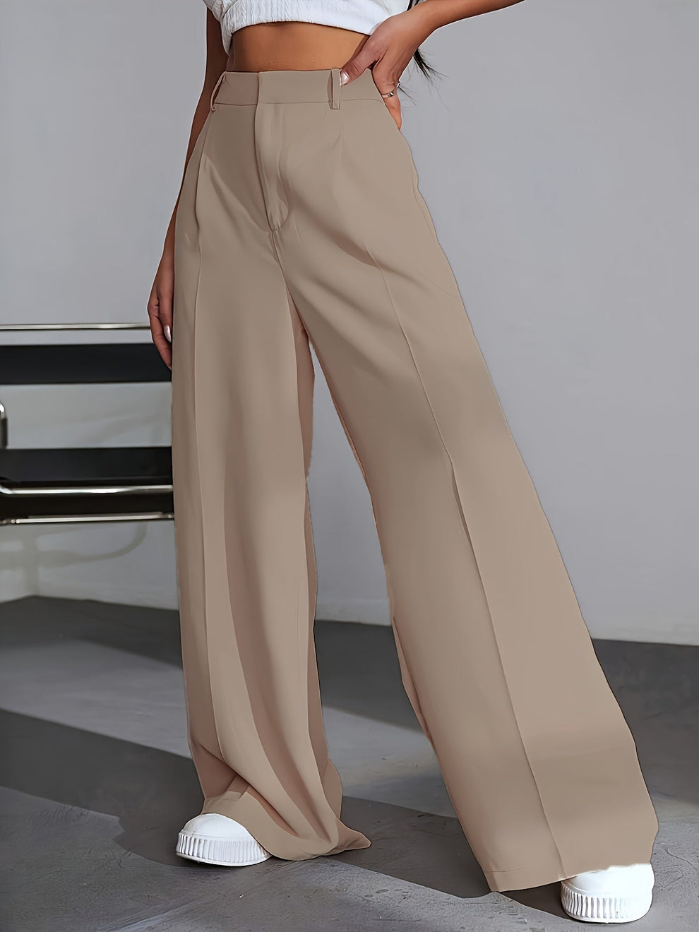 High-Waisted Pleated Wide-Leg Trousers for Women | Leilani Beige