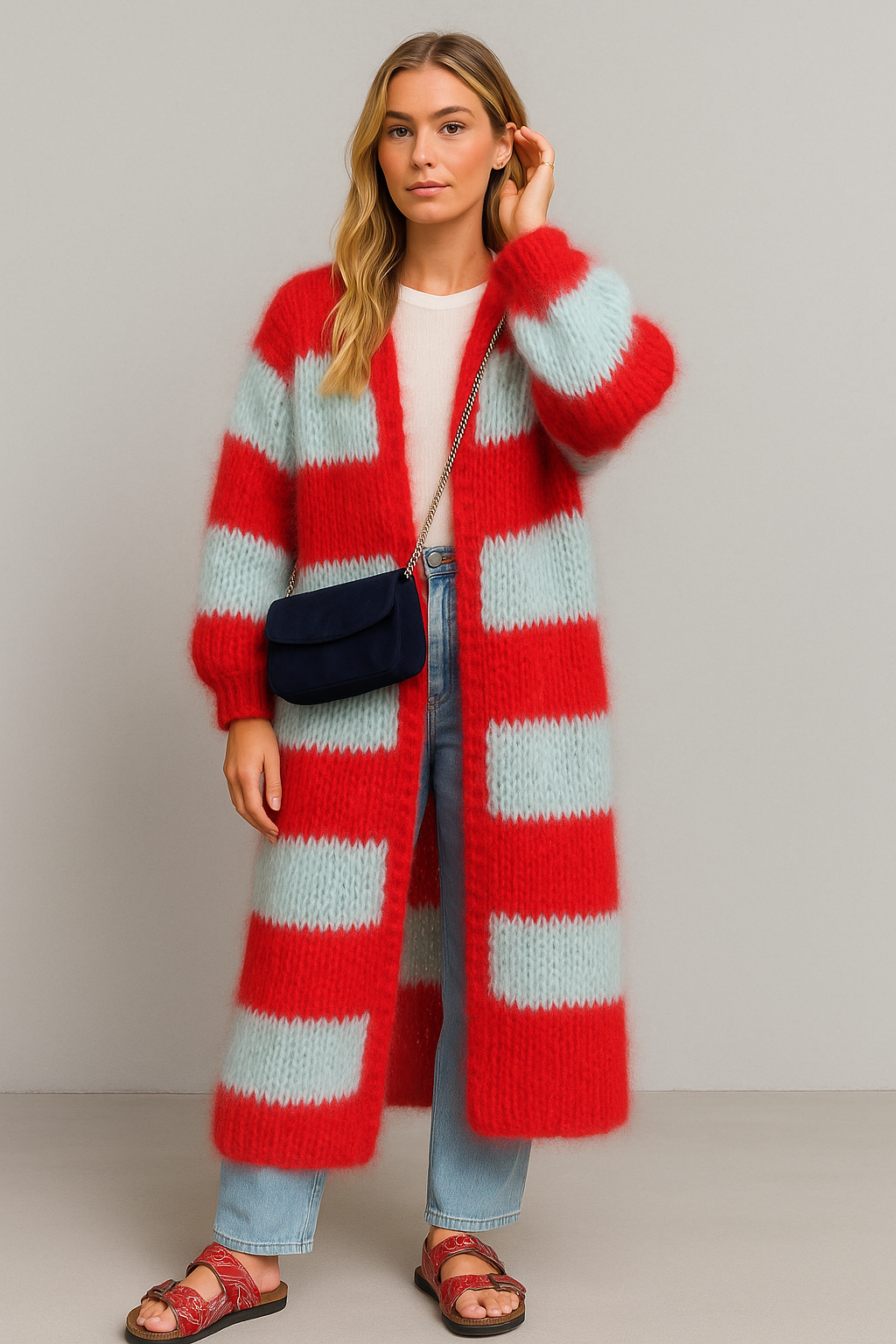 Isaline – Contrast Stripe Knit Cardigan Red