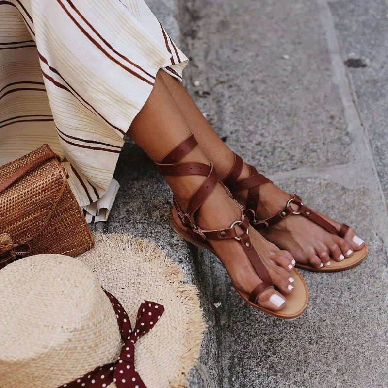 Lace-Up Gladiator Flat Sandals for Women | Sienna Dark brown