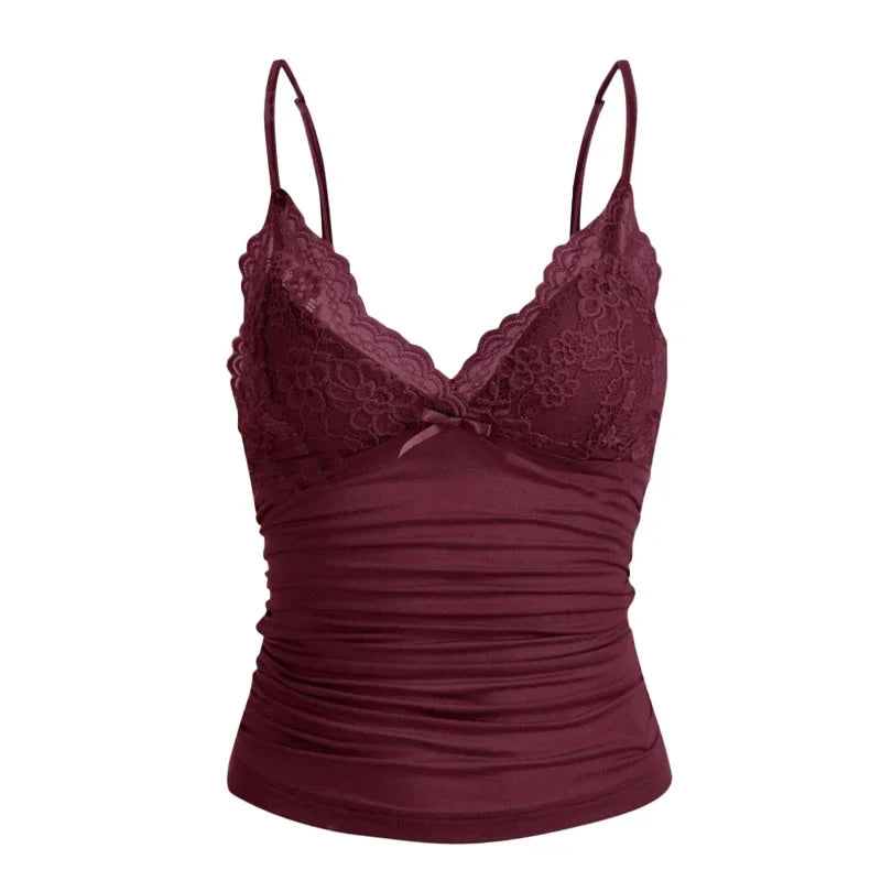 Lace V-Neck Suspender Top For Women | Trelina Claret