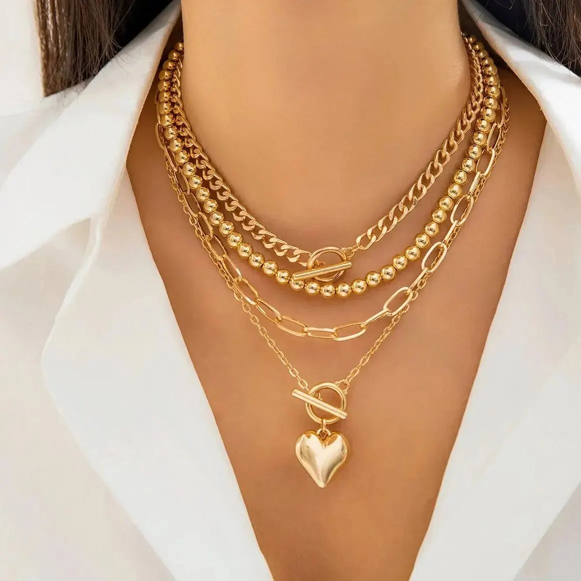Layered Heart Pendant Chain Necklace Set for Women | Amor Gold