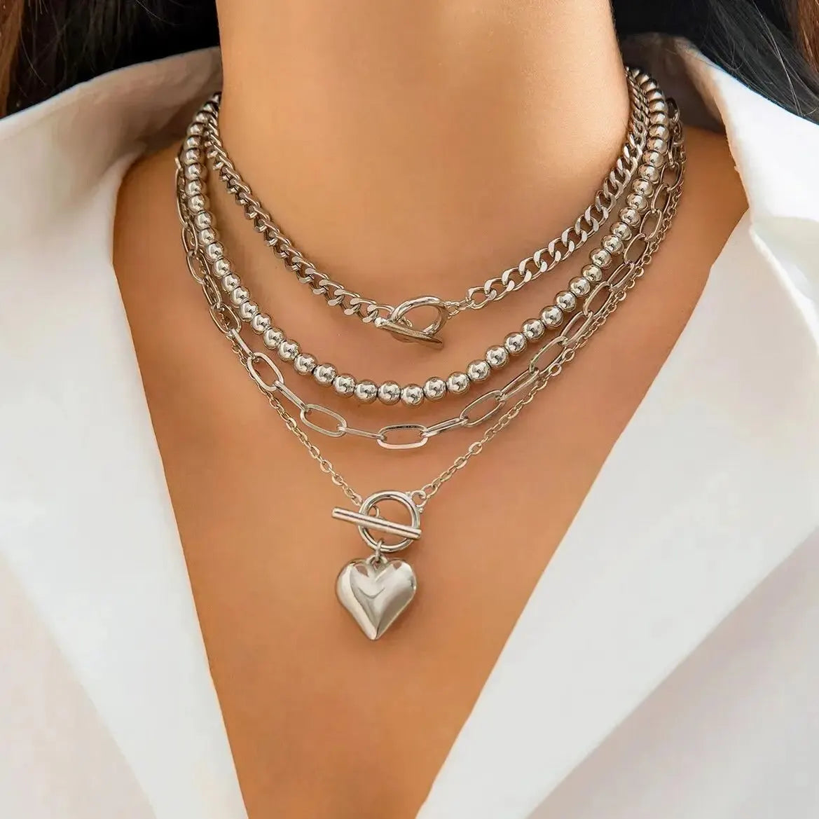 Layered Heart Pendant Chain Necklace Set for Women | Amor Silver