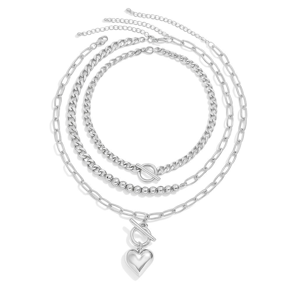 Layered Heart Pendant Chain Necklace Set for Women | Amor