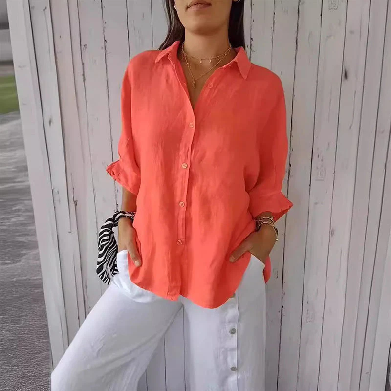 Linen Button-Down Shirt For Women | Selina Orange