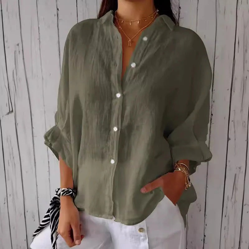 Linen Button-Down Shirt For Women | Selina Army Green
