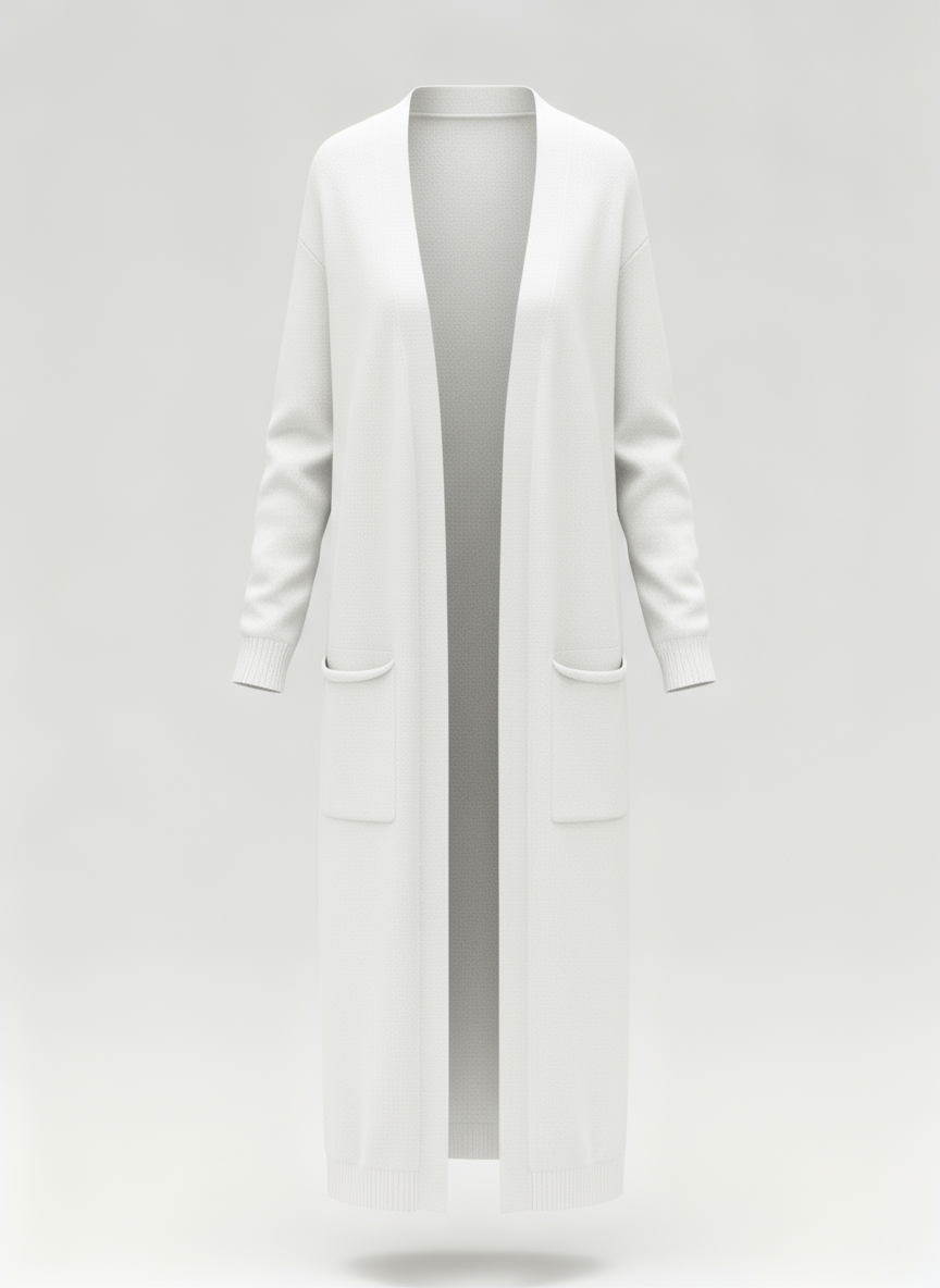 Long Open-Front Knit Cardigan with Pockets | Fara White