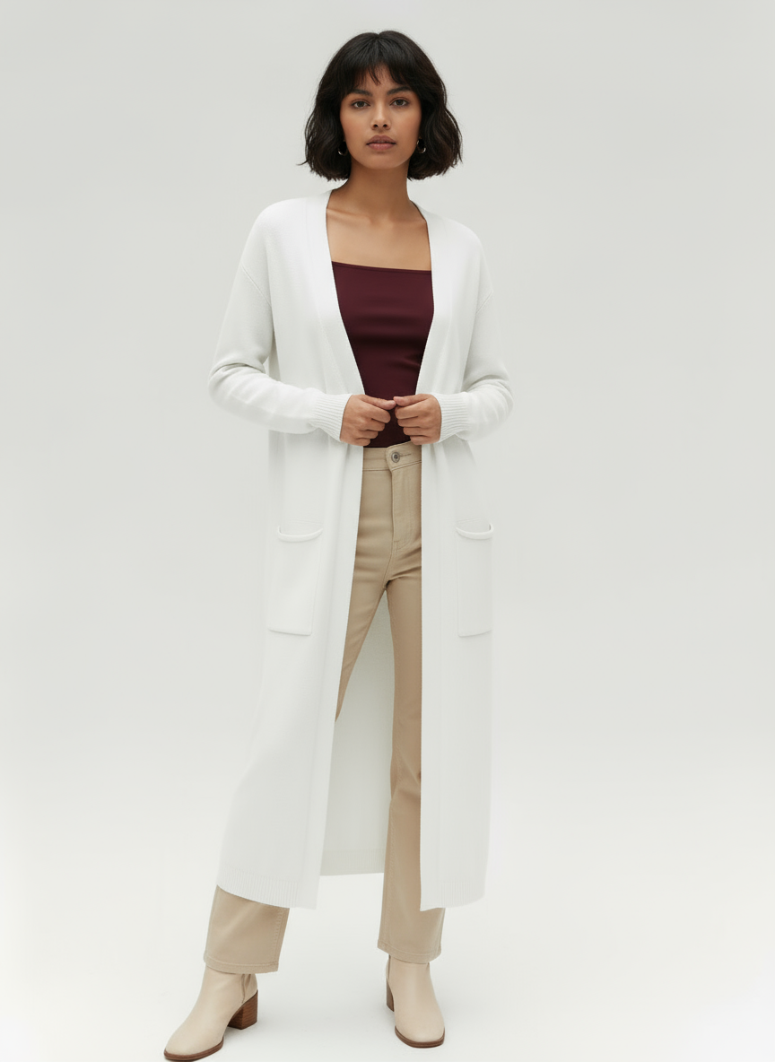 Long Open-Front Knit Cardigan with Pockets | Fara