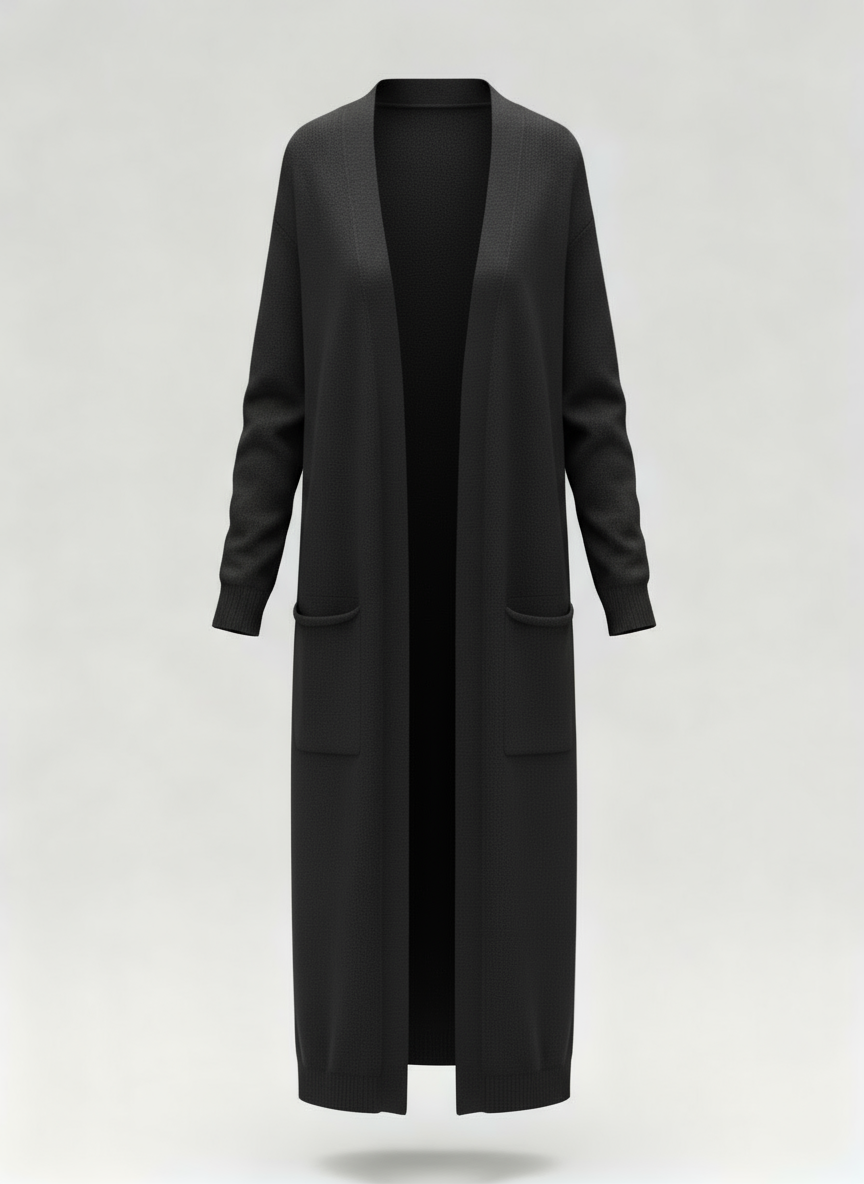 Long Open-Front Knit Cardigan with Pockets | Fara Black