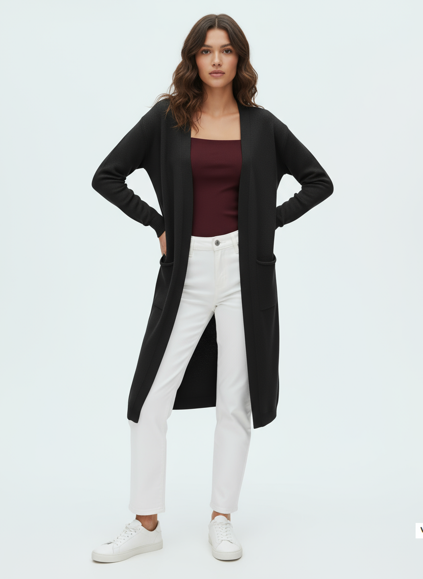 Long Open-Front Knit Cardigan with Pockets | Fara
