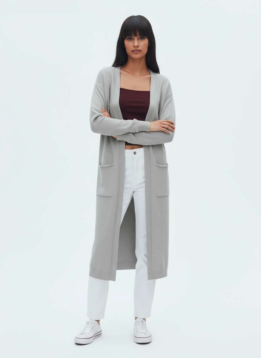 Long Open-Front Knit Cardigan with Pockets | Fara