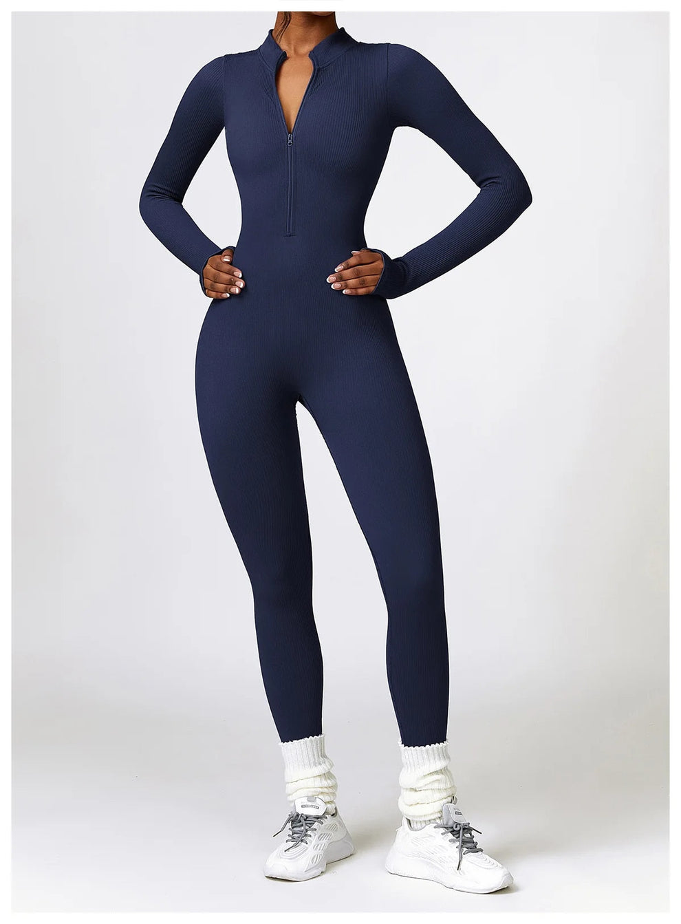 Long Sleeve Ribbed Zip-Up Jumpsuit for Women | Dorothea Navy Blue (only 6 left in stock)