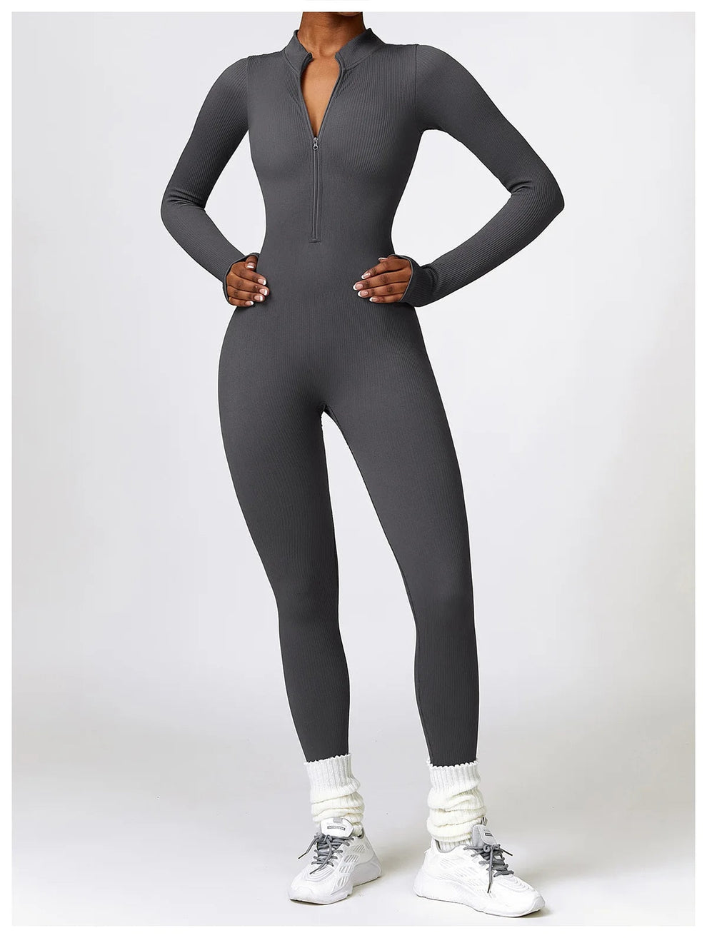 Long Sleeve Ribbed Zip-Up Jumpsuit for Women | Dorothea Gray