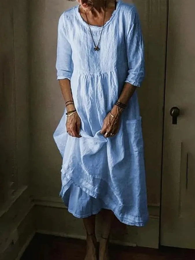 Loose Fit Cotton Linen Dress with Pockets for Women | Amanda Blue