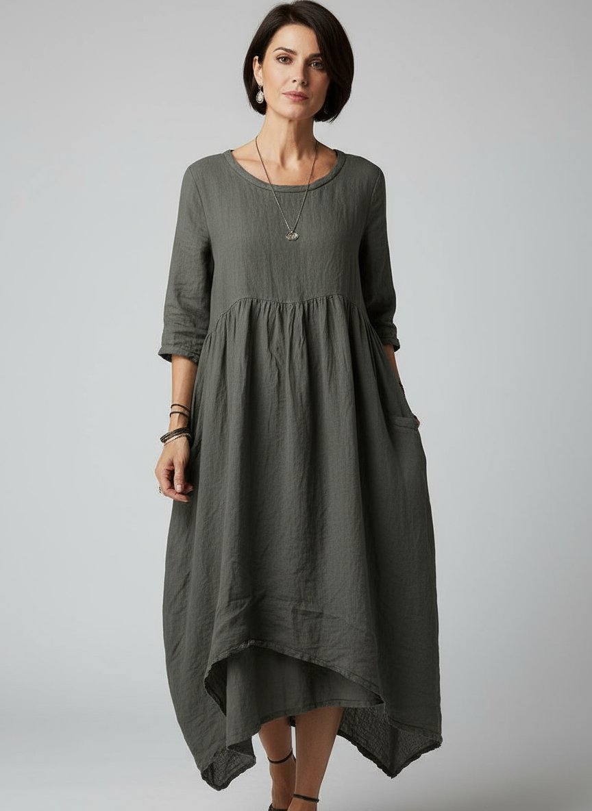 Loose Fit Cotton Linen Dress with Pockets for Women | Amanda Dark green