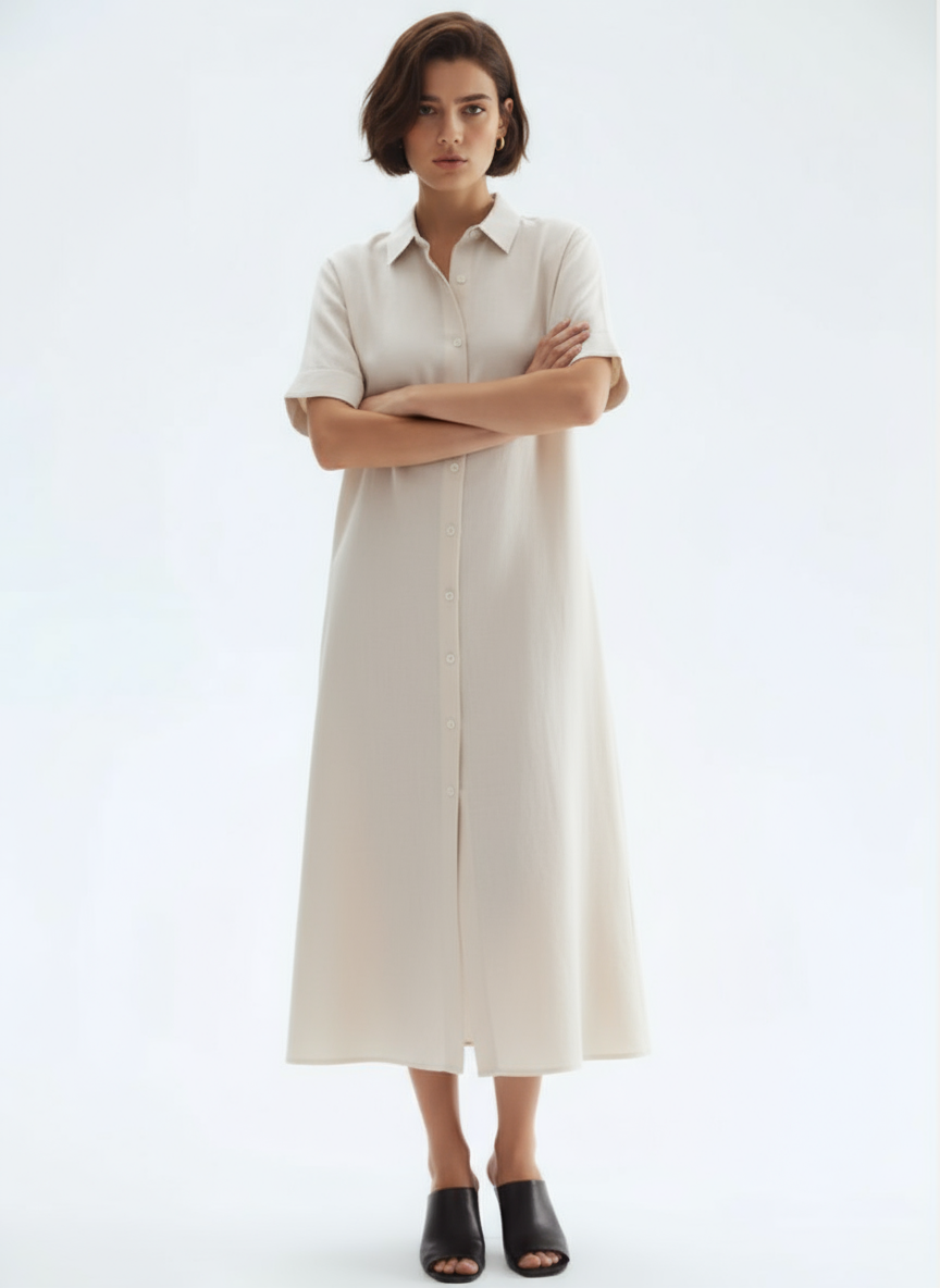Loose Fit Linen-Blend Button-Down Shirt Dress for Women | Lucia