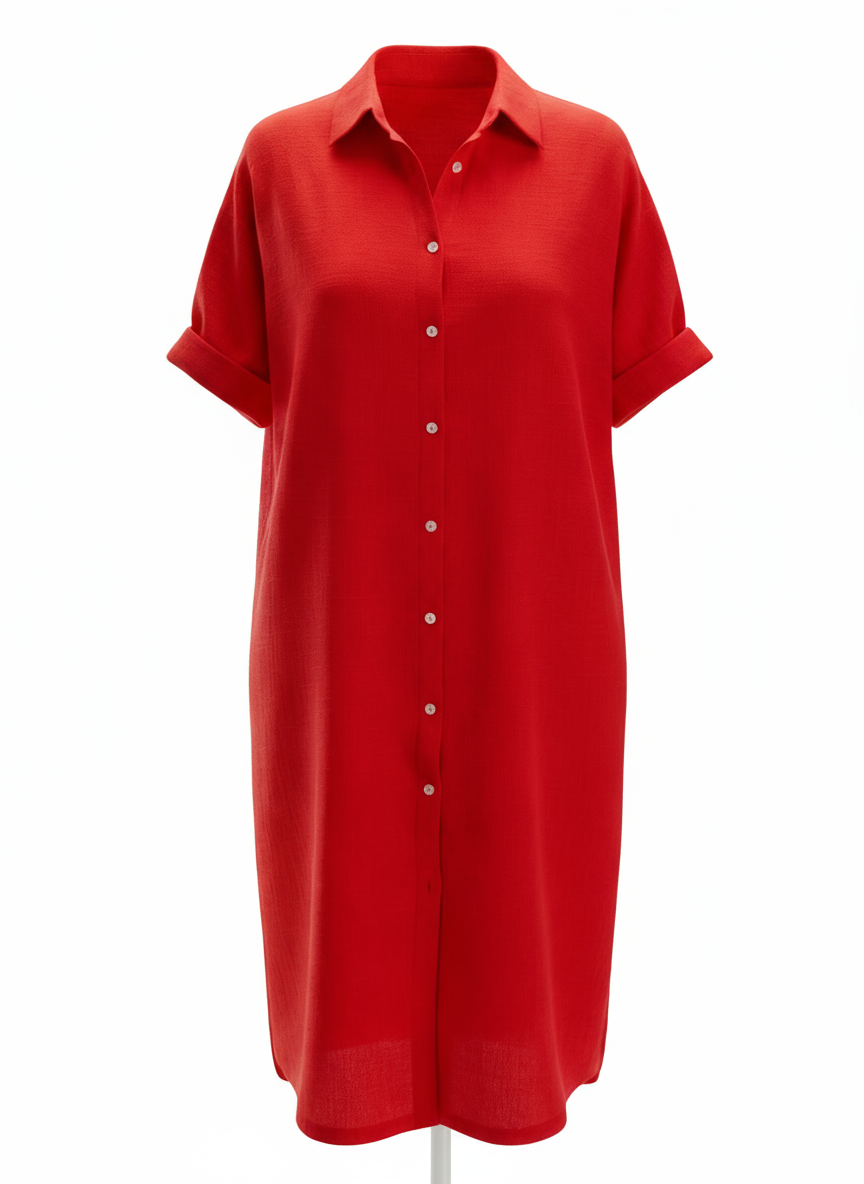 Loose Fit Linen-Blend Button-Down Shirt Dress for Women | Lucia Red