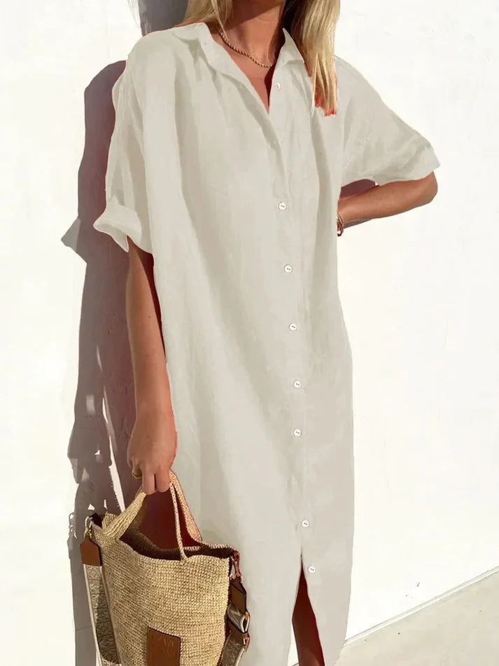 Loose Fit Linen-Blend Button-Down Shirt Dress for Women | Lucia Sand