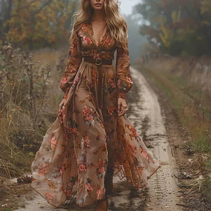 Maxi Dress with Boho Floral Print and Long Sleeves for Women | Zylara Dark Brown