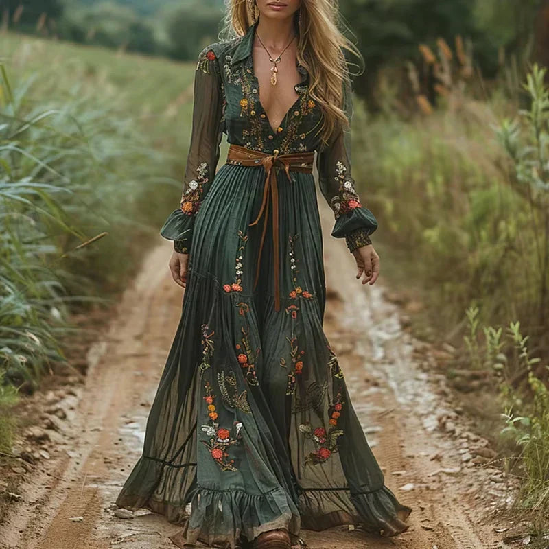 Maxi Dress with Boho Floral Print and Long Sleeves for Women | Zylara Green