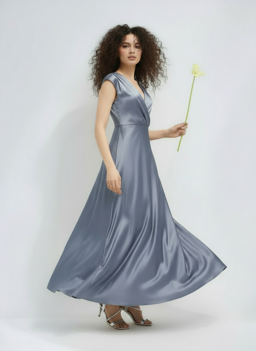 Mermaid Style Satin V-neck Maxi Dress for Women | Kristel