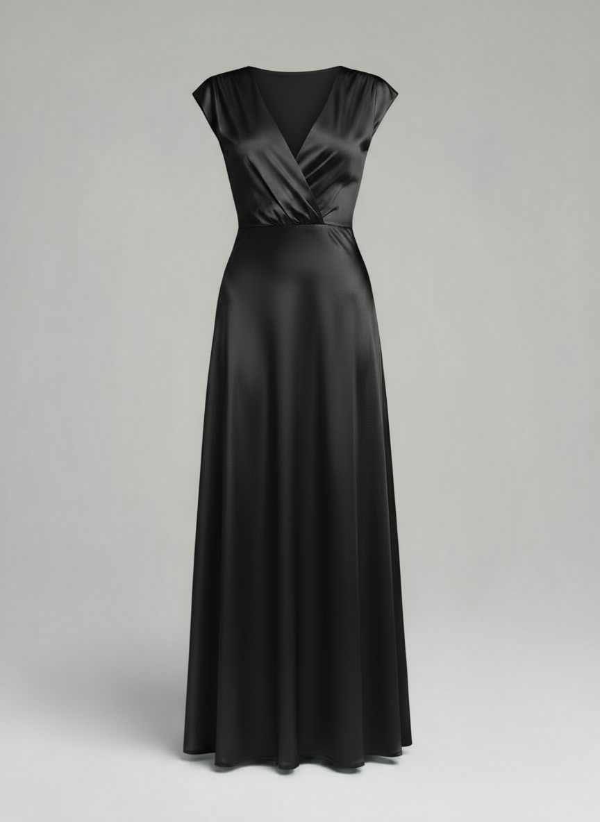 Mermaid Style Satin V-neck Maxi Dress for Women | Kristel Black