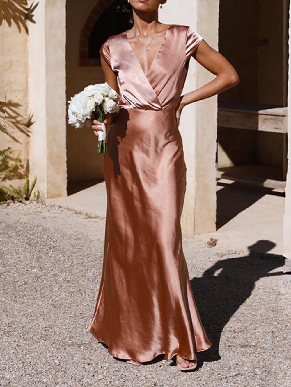 Mermaid Style Satin V-neck Maxi Dress for Women | Kristel Champagne
