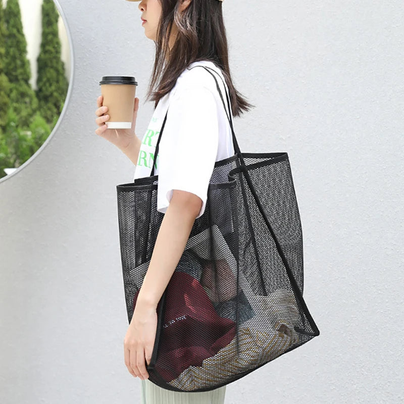 Mesh Tote Bag Spacious Design For Women | Jorina Black 40x14x39cm