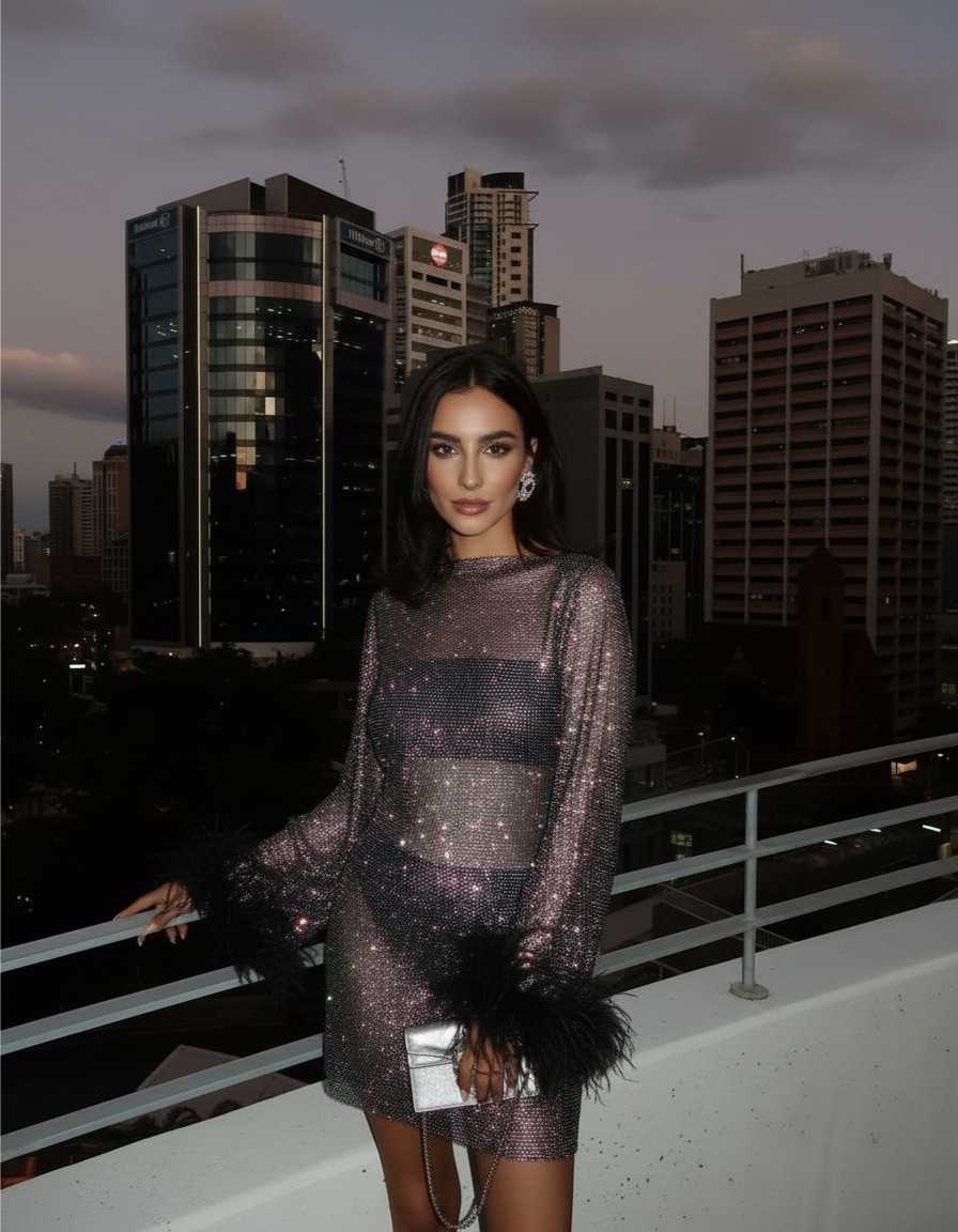 Metallic Mini Evening Dress with Feathers For Women | Zylara