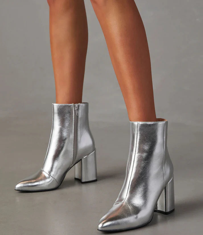Metallic Silver Block Heel Ankle Boots for Women | Judy Silver