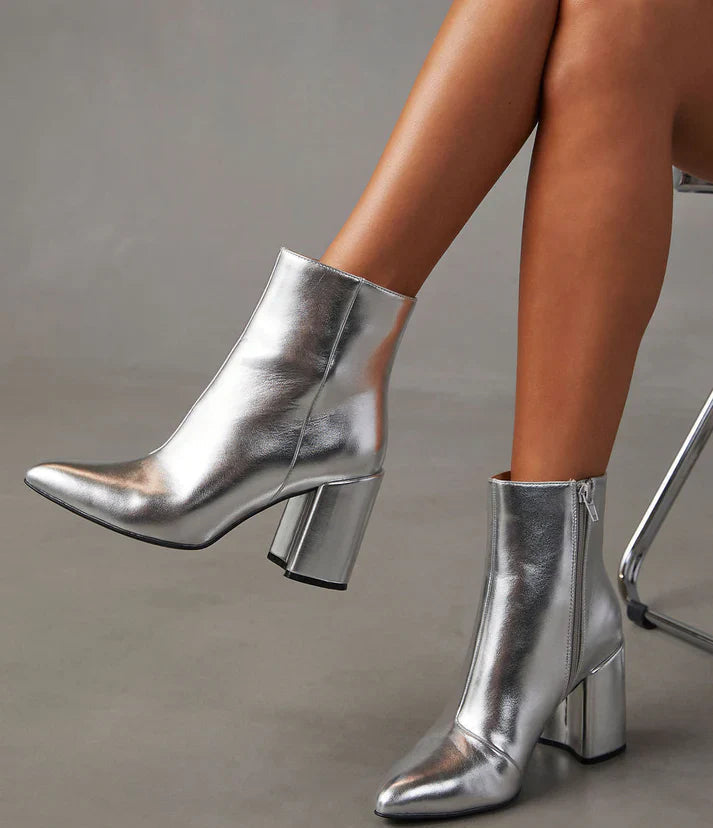 Metallic Silver Block Heel Ankle Boots for Women | Judy
